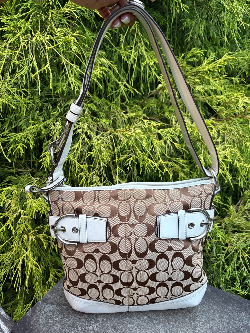 Coach Signature Buckle Shoulder Bag White Leather Trim & Canvas Hobo Y2K